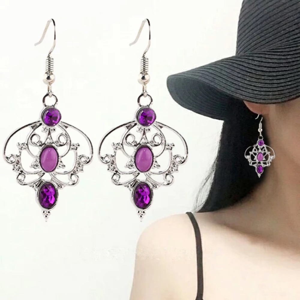 Earrings Purple Rhinestone East Indian Style Boho - Picture 2 of 6